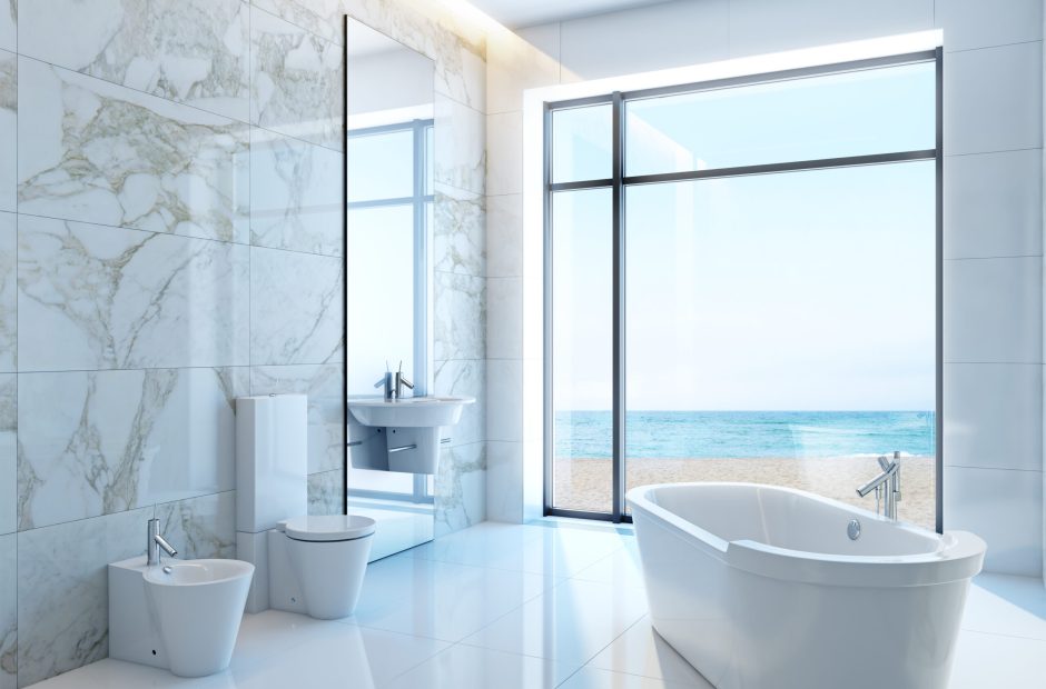 Pristine white bathroom by the sea