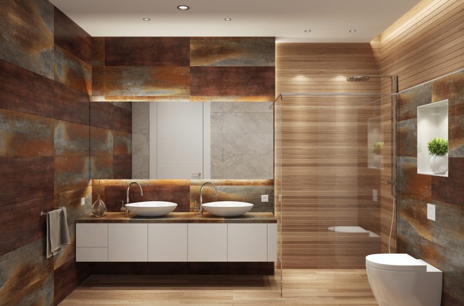 Modern contemporary interior bathroom with two sinks and large mirror