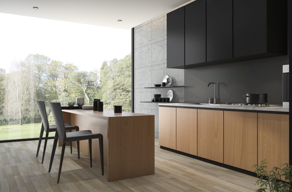 3d rendering modern black kitchen with wood built in