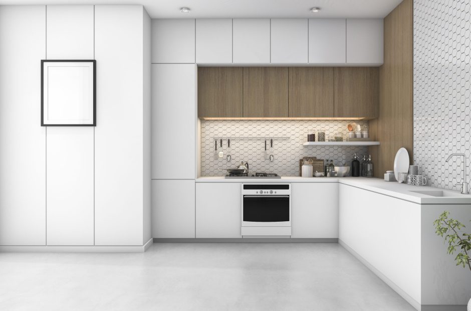 3d rendering white minimal kitchen with wood decoration